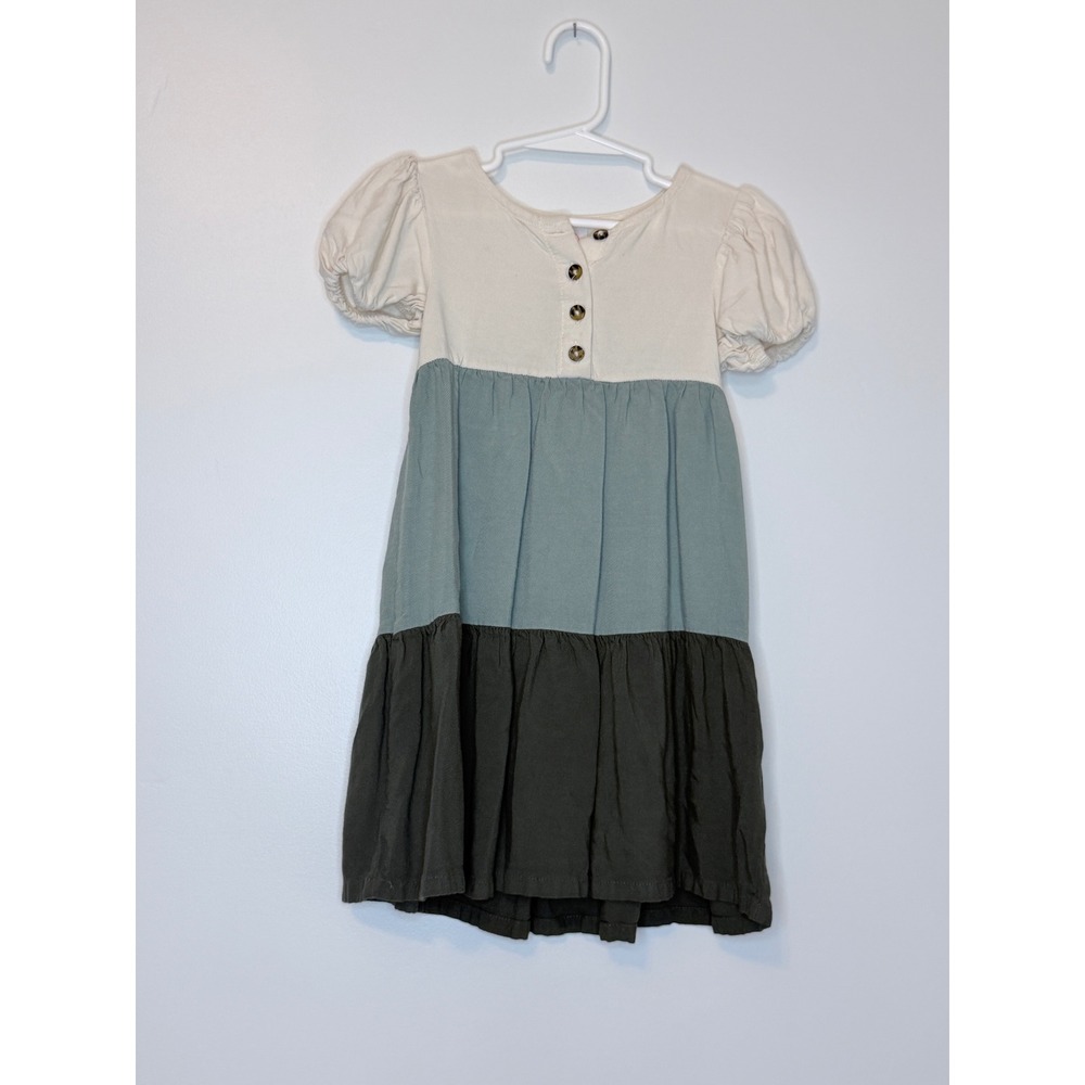 Wonder Nation Colorblock Tiered Puff Sleeve Dress Cream Green 4T
